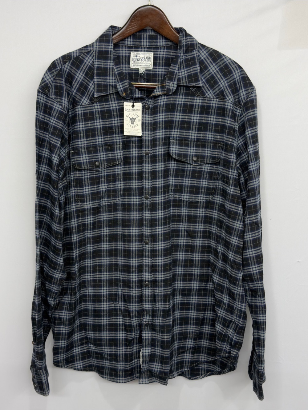Lucky Brand Men's XXL Saturday Stretch Blue Plaid Long Sleeve Western Shirt NWT